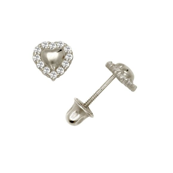 14K Solid Yellow And White Gold Heart Stud Earrings Set With Sparkling Stones - Picture 3 of 3